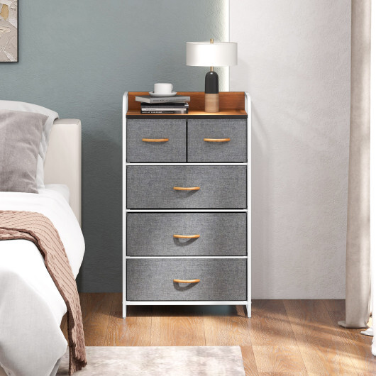 4-Tier Organizer Tower Steel Frame Wooden Top Storage with 5-Drawer Dresser-Gray - Color: Gray - Image 3
