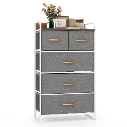 4-Tier Organizer Tower Steel Frame Wooden Top Storage with 5-Drawer Dresser-Gray - Color: Gray - Image 4