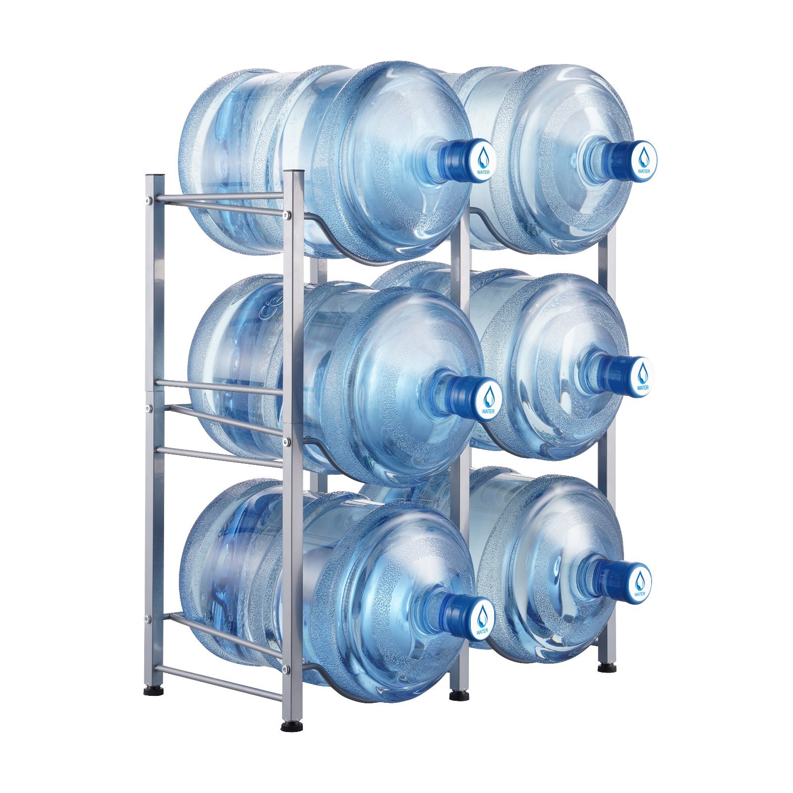 3 Tiers Water Jug Holder, 5 Gallon Water Bottle Holder, Double Row Water Bottle Rack for 6 Bottles, Heavy Duty Water Jug Rack for Kitchen, Office, Living Room, Silver