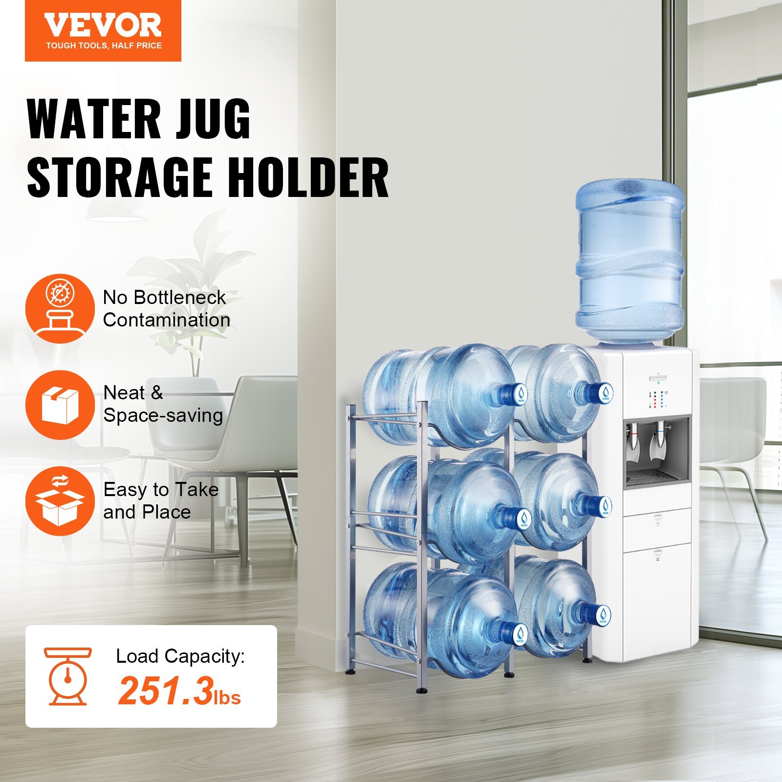 3 Tiers Water Jug Holder, 5 Gallon Water Bottle Holder, Double Row Water Bottle Rack for 6 Bottles, Heavy Duty Water Jug Rack for Kitchen, Office, Living Room, Silver - Image 2