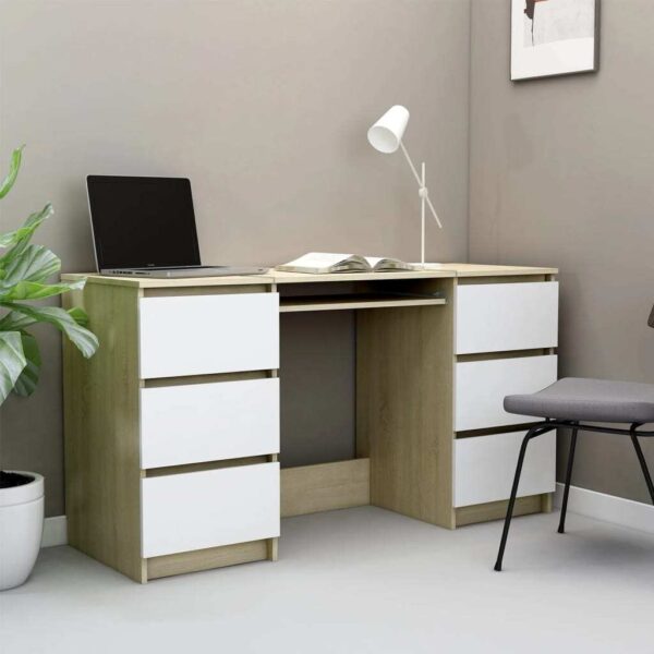 Writing Desk White and Sonoma Oak Engineered Wood Writing Desk