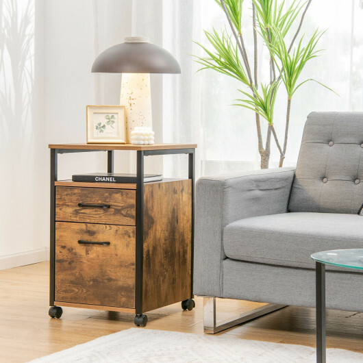 2 Drawer Mobile File Cabinet Printer Stand with Open Shelf for Letter Size-Rustic Brown - Color: Rustic Brown - Image 2