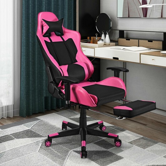 PU Leather Gaming Chair with USB Massage Lumbar Pillow and Footrest -Pink - Color: Pink - Image 2