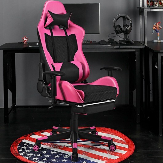 PU Leather Gaming Chair with USB Massage Lumbar Pillow and Footrest -Pink - Color: Pink - Image 3