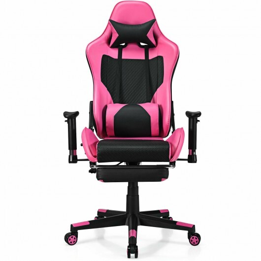 PU Leather Gaming Chair with USB Massage Lumbar Pillow and Footrest -Pink - Color: Pink - Image 4