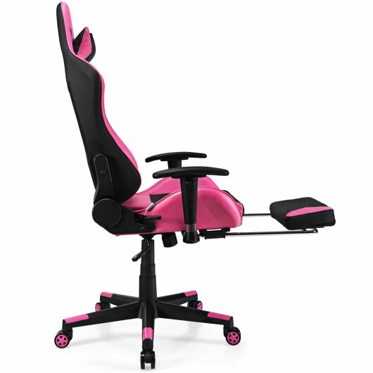 PU Leather Gaming Chair with USB Massage Lumbar Pillow and Footrest -Pink - Color: Pink - Image 5