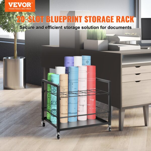 Blueprint Storage Rack, 20 Slots Blueprint Holder with Wheels, Mobile Metal Blueprint Storage Cart for Map Poster Architectural Construction Plan, Roll File Organizer for Home, Office, School - Image 2