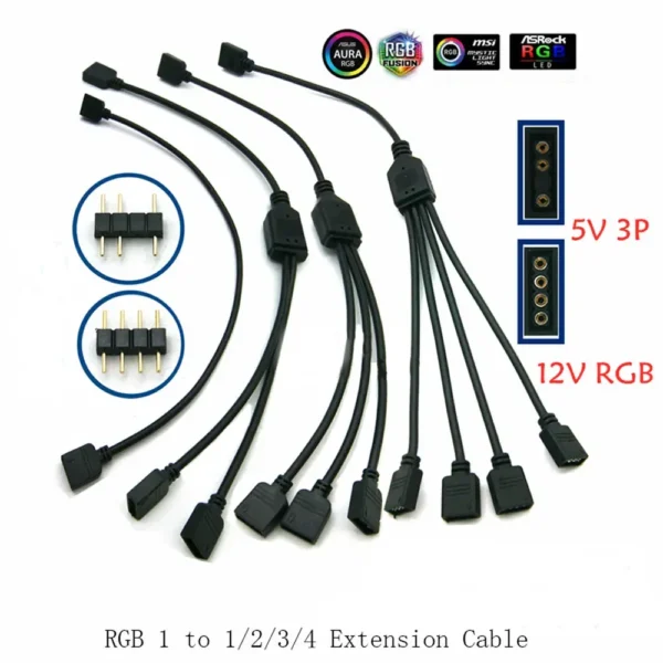 Color: Orange, Ships From: CHINA - Angitu 3pin/4Pin RGB ARGB SYNC 1 to 1/2/3/4/5 Fan LED Stripe Extension Cable Motherboard Light Control Hub For M/B ASUS GIGABYTE - Image 2
