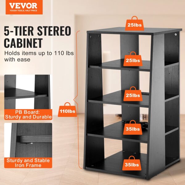 5-Tier AV Media Stand, Wooden Audio-Video Media Stand for DVD Players/Cable Boxes/Games Consoles, Height-Adjustable Media Storage Cabinet for Gaming, Recording Room, Black - Image 2