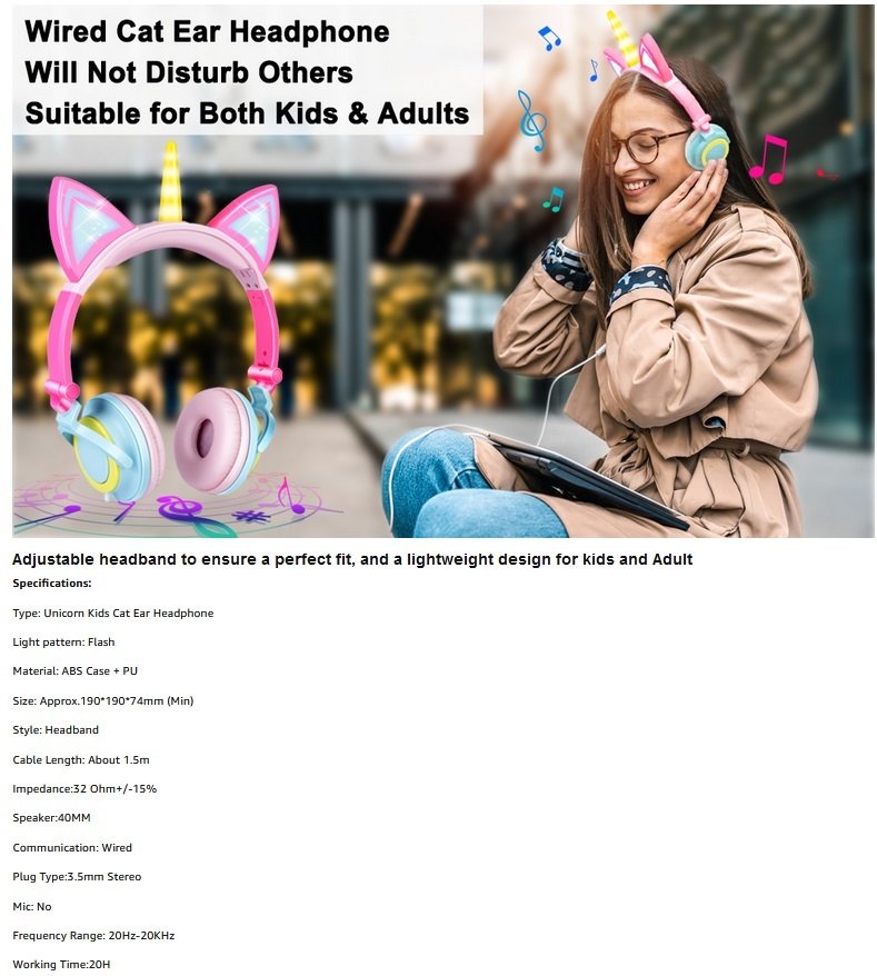 Cute Kids Cat Ear Headphones Wired Adjustable for Boys Girls Tablet Kids Headband Earphone Foldable Over On Ear Game Headset Blue pink - Image 5